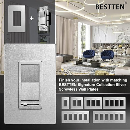 BESTTEN 5 Pack Matte Silver Dimmer Light Switch, Single Pole or 3-Way, Compatible with Dimmable LED, CFL, Incandescent and Halogen Bulb, LED Slide Dimmer Wall Switch, 120VAC, UL/cUL Listed