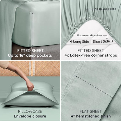 Bambaw King Sheets Set 4pcs – 100% Viscose Derived from Bamboo Sheets King Size Deep Pocket, Fits Up to 16'', Luxury Bedding, Super Soft & Cooling Sheet Set (Sea Glass)