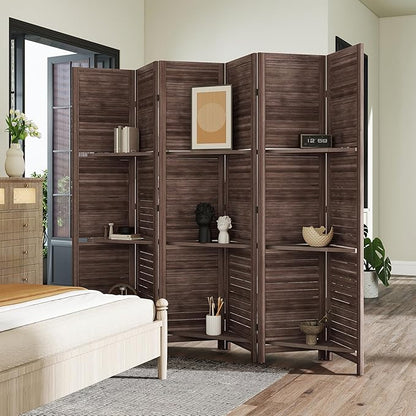 HOMCOM Room Divider, 6 Panel 67" Tall Wood Privacy Screen with 3 Display Shelves, and Folding Storage for Bedroom or Home Office, Walnut