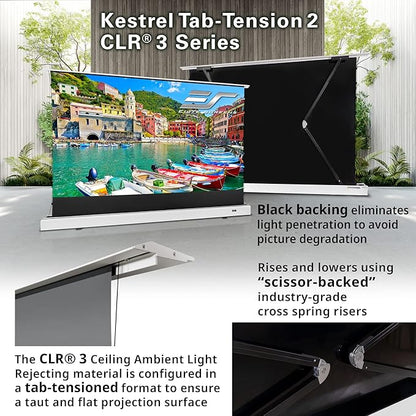 Elite Screens Kestrel Tab-Tension 2 CLR3, 121" 16:9, Ultra-Short Throw Ceiling Ambient Light Rejecting (CLR/ALR) Electric Floor-Rising Motorized Front Projector Screen, White Casing, FTE121XH3-CLR3
