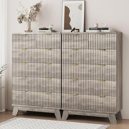 Xixini Fluted Dresser for Bedroom with 6 Drawers, 46" Tall Modern Chest of Drawers with Metal Handle, Wooden Dresser TV Stand, Wood Closet Clothes Storage Organizer for Living Room, Hallway, Grey