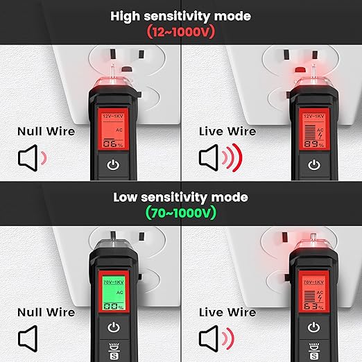 KAIWEETS Voltage Tester/Non-Contact Voltage Tester with Signal Percentage, Dual Range AC 12V/70V-1000V, Live/Null Wire Tester, Electrical Tester with LCD Display, Wire Breakpoint Finder (Black)