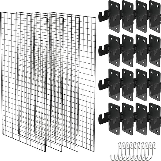 NACETURE Grid Wall Panels- 4 Pcs 2x4 ft Black Grid Wall Panel Display with 16 Gridwall Hooks & 10 S-Hooks, Space Saving Wire Mesh Panels for Retail, Garage, Home & Office Storage