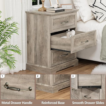 Nightstand with 3 Large Drawers,24" Wide End Table with Metal Handles,Rustic Farmhouse Wood Small Dresser,Bedside Table,Modern Chest of Drawers for Bedroom,Living Room,Grey