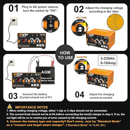 PZP 12V Manual Battery Charger Maintainer, 0 to 10A Arbitrarily Adjustable Car Battery Trickle Charger, Battery Desulfator with Repair, Winter Mode, Suitable for Lawn Mower, AGM, Deep Cycle Batteries