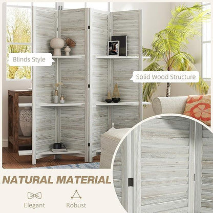 HOMCOM Room Divider, 4 Panel 67" Tall Wood Privacy Screen with 3 Display Shelves, and Folding Storage for Bedroom or Home Office, Distressed White