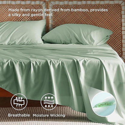Bedsure King Size Sheets Set, Cooling Sheets for Hot Sleepers, Rayon Derived from Bamboo, Breathable & Soft, Deep Pocket Up to 16 Inches, Hotel Luxury Silky Bedding, Sage Green