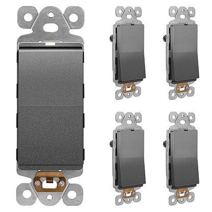 LIDER Minimalist Design Matte Finish Lighted Decorator Switch, Frameless Paddle Light Switch with Locator Light, Grounding Screw, 15A 125V, UL Listed, LS15-1P-SG5P, Space Gray, 5 Pack