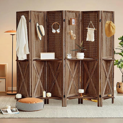 Aleesing 6 Panel Pegboard Display with Shelf, Wooden Pegboard Room Divider Wall with 24 Hooks, Partition Room Dividers and Folding Privacy Screens, Bedroom, Jewelry Store, Brown