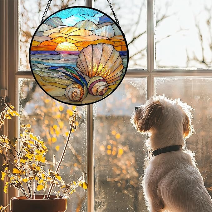 AMDERVEN Stained Glass Window Hanging - Colorful Beach Shells Conch Sun Catcher for Door Home Decor Ocean Suncatcher Christmas Mother's Day Birthday Sea Lover Gifts for Women Men Mom Nana 15 in