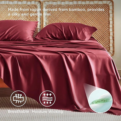Bedsure California King Sheet Sets, Cooling Sheets, Rayon Derived from Bamboo, Breathable & Soft, Deep Pocket Up to 16 Inches, Hotel Luxury Silky Bedding for Hot Sleepers, Burgundy