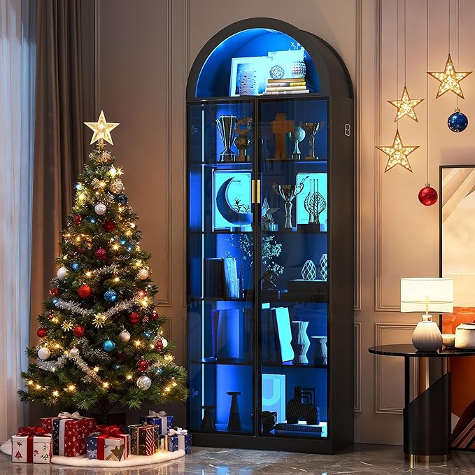 Dystler Arch Display Cabinet with Doors and Adjustable Shelves, 76" Tall Curio Cabinet with LED Lights/Storage Space, 6 Tier Display Case Bookcase for Collectibles Bedroom Living Room Office, Black