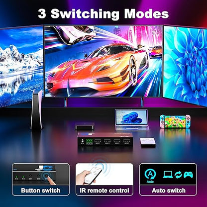 HDMI Switch 3 in 1 Out 4K@60Hz, 3Ports HDMI Switcher Splitter Selector with Remote, Support HDCP 2.2 HDR 10+ Dolby Vision/Atmos 18Gbps CEC for Apple TV Game PC PS4 5 Pro Xbox Roku