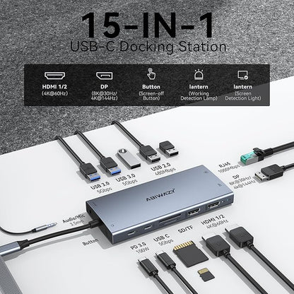 USB C Laptop Docking Station Dual Monitor for Dell XPS/HP/Lenovo/Surface, 15 in 1 USB C Hub 3 Monitor Adapter Dock with 8K DisplayPort, 2 HDMI 4K@60Hz, 6 USB A/C, 100W PD, Ethernet, SD/MicroSD