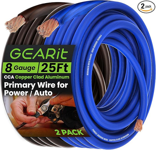 GEARit 8 Gauge Wire (25ft Each - Black/Blue Translucent) Copper Clad Aluminum CCA - Primary Automotive Wire Power/Ground, Battery Cable, Car Audio Speaker, RV Trailer, Amp, Electrical 8ga AWG 25 Feet