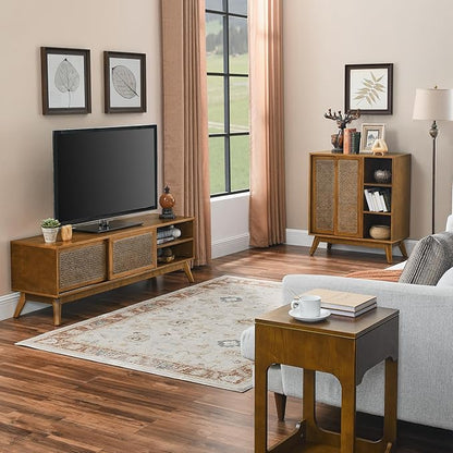 LKTART Mid Century Modern TV Stand for 55/60/65 inch TV,Boho Rattan Media Console with Sliding Doors for Living Room (Light Walnut, 59")