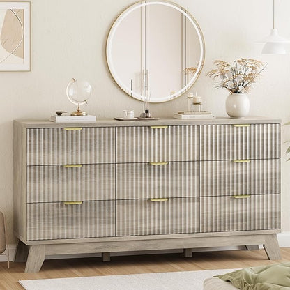 Xixini Fluted Dresser for Bedroom with 9 Drawers, 57" Wide Modern Chest of Drawers with Metal Handle, Wooden Dresser TV Stand, Wood Closet Clothes Storage Organizer for Living Room, Hallway, Grey