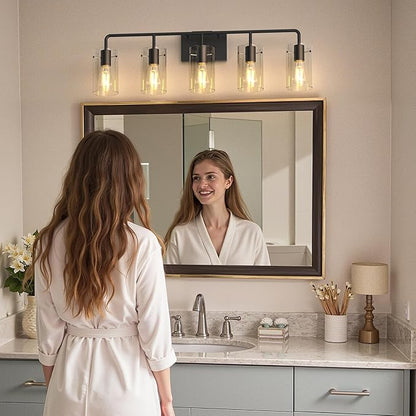 L LOHAS LED 5-Light Bathroom Light Fixtures, 33.85" Black Bathroom Vanity Light with Straight Glass Shades, Modern Vanity Lights for Bathroom Light Fixtures Over Mirror Living Room Hallway, E26, ETL