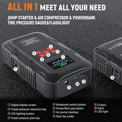 HPBS 6000A Jump Starter with Air Compressor, Portable Car Battery Jump Starter with 150 PSI Tire Inflator for Up to 10.0L Gas and 8.0L Diesel Engines, 12V Jump Box with LCD Display