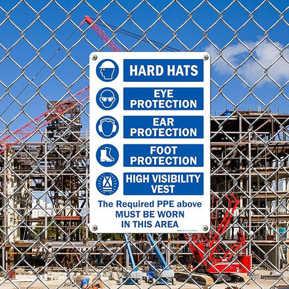 Brimar - 12" x 18" - The Required PPE Must Be Worn Sign - .063″ White Rust-Free Aluminum - Bold Text - Easy Installation