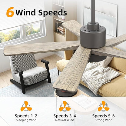 WINGBO 48 Inch DC Ceiling Fan with Lights and Remote Control, 5 Carved Solid Wood Blades, 6-Speed Noiseless Reversible DC Motor, Indoor Ceiling Fan in Graphite Finish with Gray Blades