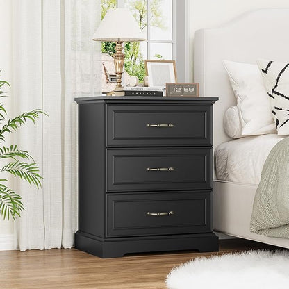 Nightstand Set of 2,24" Wide End Table with 3 Large Drawers & Metal Handles,Rustic Farmhouse Wood Small Dresser,Bedside Table,Modern Chest of Drawers for Bedroom,Living Room,Black