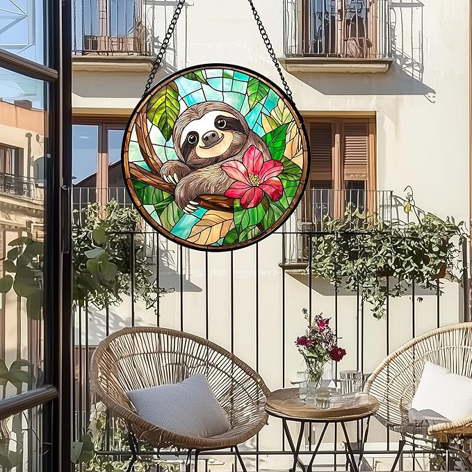AMDERVEN Stained Glass Window Hanging, Cute Sloth Sun Catcher for Door Home Decor Animal Suncatcher Christmas Mother's Day Birthday Gifts for Women Men Mom and Nana 7.8 in