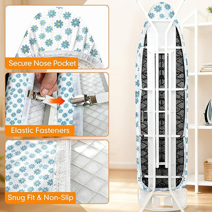 Ironing Board Cover and Pad, 18x49 Extra Wide Thick Iron Padding, Scorch & Stain Resistant Ironing board cover, Heavy Duty Iron Board Padded with Adjustable Fasteners Durable Elastic Edge, Daisy