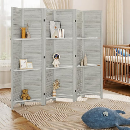 HOMCOM Room Divider, 6 Panel 67" Tall Wood Privacy Screen with 3 Display Shelves, and Folding Storage for Bedroom or Home Office, Distressed White