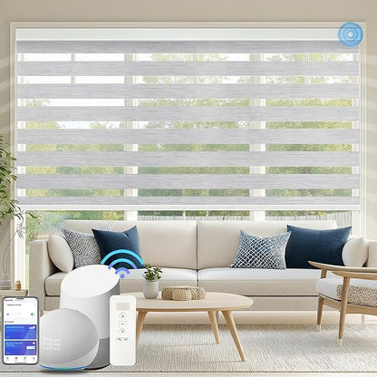 COOLWINDS Motorized Zebra Blinds for Windows Cordless Electric Curtains with Remote Control Blackout Shades Custom Smart Blinds Compatible with Alexa Google Home(95% Blackout Grey,W33 X 72in)