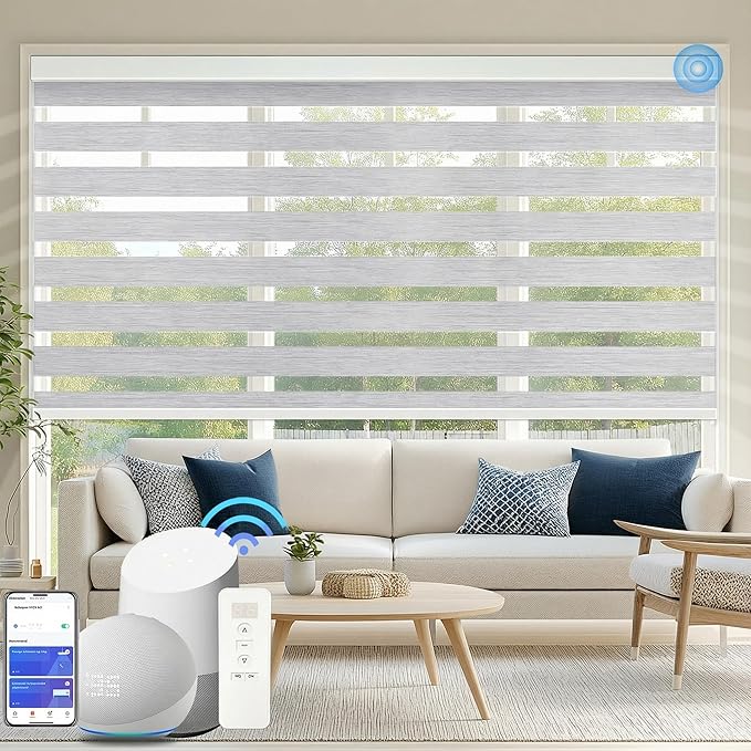 COOLWINDS Motorized Zebra Blinds for Windows Cordless Electric Curtains with Remote Control Blackout Shades Custom Smart Blinds Compatible with Alexa Google Home(95% Blackout Grey,W23 X 72in)