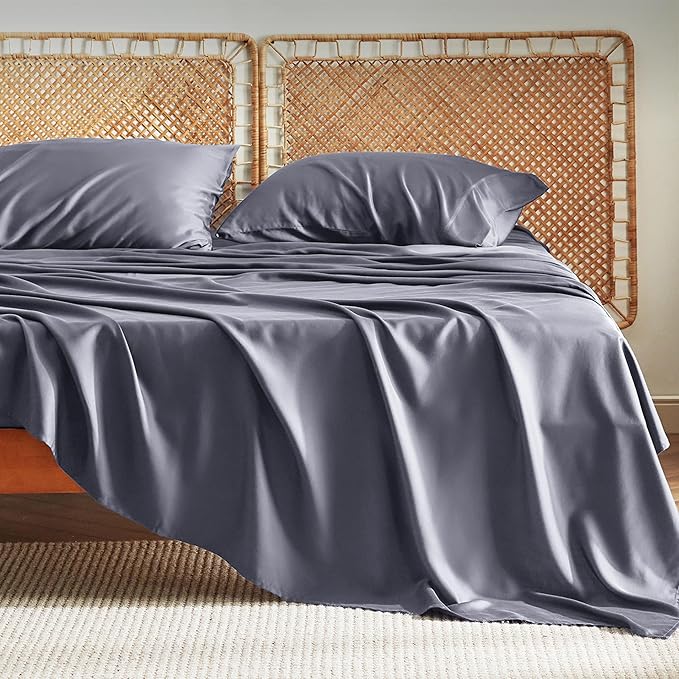 Bedsure California King Sheet Sets, Cooling Sheets, Rayon Derived from Bamboo, Breathable & Soft, Deep Pocket Up to 16 Inches, Hotel Luxury Silky Bedding for Hot Sleepers, Dark Grey