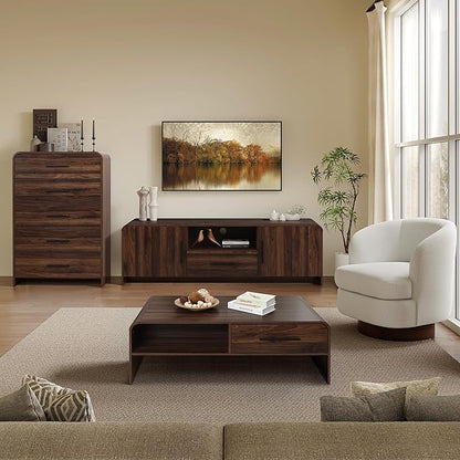 LuxenHome 70" Mid-Century Modern TV Stand for TVs up to 75", Walnut Finish TV Stand with Rounded Corners, Entertainment Center Console with 2 Doors & 1 Drawer for Living Room, Bedroom