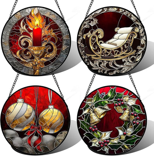 AMDERVEN Stained Glass Window Hanging 4 Pcs Set Christmas Golden Bell Sleigh 6.3" - Suncatcher Door Garden Sun Catcher Decor Birthday Mother's Day Xmas Gifts for Mom Woman Nana Men Parents