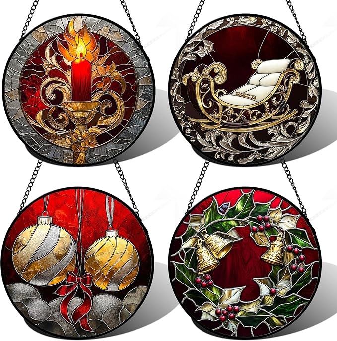 AMDERVEN Stained Glass Window Hanging 4 Pcs Set Christmas Golden Bell Sleigh Large 15" - Suncatcher Door Garden Sun Catcher Decor Birthday Mother's Day Xmas Gifts for Mom Woman Nana Men Parents