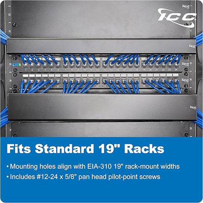 ICC 1U Ring Cable Manager Panel with Cover, Metal, 3" D-Rings, Horizontal Cable Management, Rackmount for 19” Network Racks, Black, Single Pack