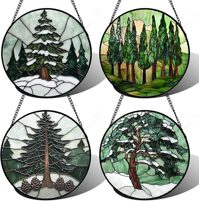 AMDERVEN Stained Glass Window Hanging 4 Pcs Set Forest Green Trees Winter Snow 7.8" - Suncatcher Door Garden Sun Catcher Home Decor Birthday Mother's Day for Woman Nana Mom Men