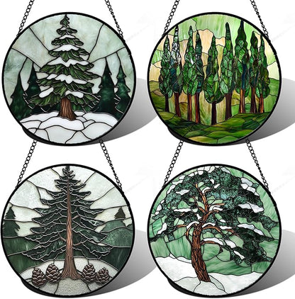 AMDERVEN Stained Glass Window Hanging 4 Pcs Set Forest Green Trees Winter Snow 6.3" - Suncatcher Door Garden Sun Catcher Home Decor Birthday Mother's Day for Woman Nana Mom Men