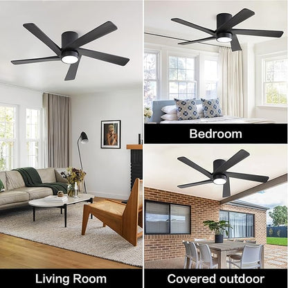 WINGBO 48 Inch Flush Mount DC Ceiling Fan with Lights and Remote, 5 Reversible Carved Wood Blades, 6-Speed Noiseless DC Motor, Hugger Ceiling Fan in Black Finish, Low Profile Ceiling Fans, ETL Listed