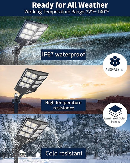 Ofuray Of-800W Solar Street Lights Outdoor, 80000LM Solar Security Flood Lights Parking Lot Lights Dusk to Dawn, 6500k Waterproof Led with Remote Control Motion for Street,Court,Barn