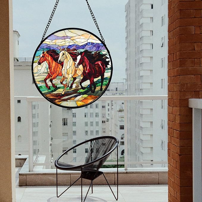 DASTOLL Stained Glass Window Hanging, Colorful Landscape Running Horse Suncatcher for Doors Window Home Sun Catchers Decoration Mother's Day Birthday Gifts for Women, Men, and Mom 9.8x9.8 in
