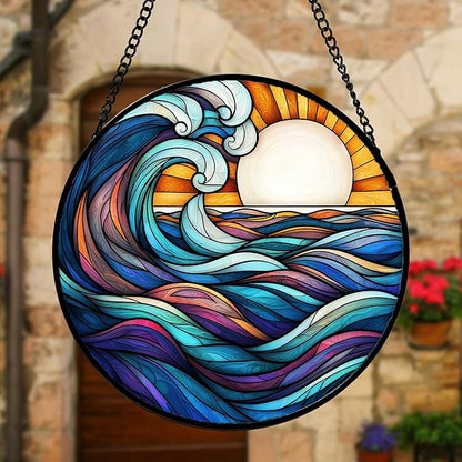 DASTOLL Stained Glass Window Hanging, Big Wave Sun Suncatcher Diamond Glass Panel Hangings Abstract Sun Catchers Decor for Birthday for Women, Men, Wife, Aunt, and Mom 9.8 in