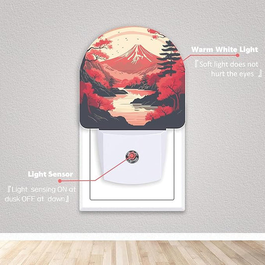 Axxitude Japanese Mountains Night Lights Plug into Wall for Girls Boys Room,Night Light LED Lamp Dusk to Dawn Sensor Round Lamp for Bedroom Bathroom Hallway Home Wall Decor Nightlight