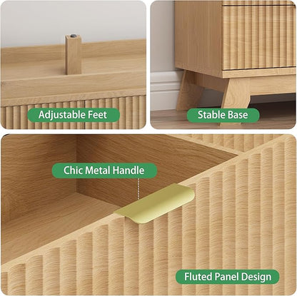 Fluted Dresser for Bedroom with 8 Drawers, 48" Wide Modern Chest of Drawers with Metal Handle, Wooden Dresser TV Stand, Wood Closet Clothes Storage Organizer for Living Room, Hallway, Natural Oak