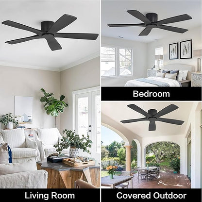 WINGBO 48" Flush Mount DC Ceiling Fans Without Lights, 5 Carved Solid Wood Blades, 6-Speed Reversible DC Motor, Low Profile Hugger Ceiling Fan No Lights for Living Room Bedroom Patio, Matte Black