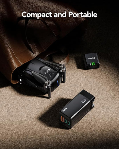Ruko PD65W USB C Charger, 3-Port GaN Fast Charger Block, Compact Foldable Wall Charger for iPhone 17/16, MacBook Pro/Air, Galaxy S24, Pixel, Drone, Switch and More, Black