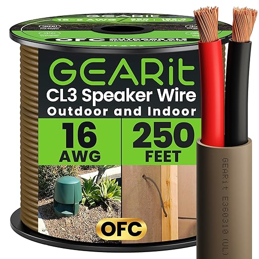 GEARit Outdoor Speaker Wire CL3 Rated, 16 Gauge Speaker Wire, Speaker Cable 250 ft for Outdoor Speakers, Patio, Garden, Backyard Audio, Direct Burial in Ground/in Wall, OFC (Brown, 2-Conductors)