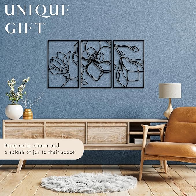 Wita Home Poppy Flower Metal Wall Art, 3-Panel Botanical Line Design, Modern Floral Wall Decor for Living Room, Bedroom, Office, Indoor & Outdoor Display (63×31 inches)