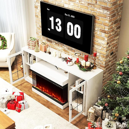 CharaVector 63 inch Fireplace TV Stand for TVs up to 75" with 30" 3-Sided Electric Fireplace, Farmhouse Entertainment Center with Glass Doors & Storage Cabinet, White Oak