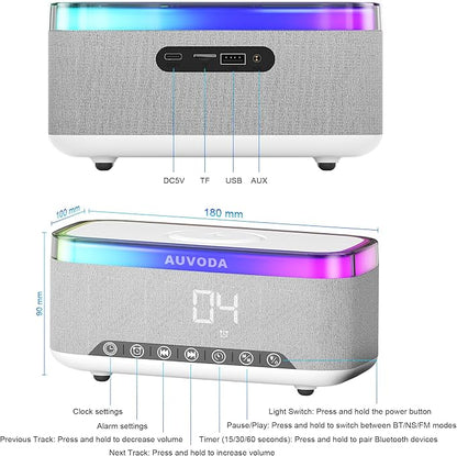 AUVODA S300 Portable Bluetooth Speaker with 15W Fast Wireless Charging, 13-Color Dimmable Night Light, White Noise, Alarm, FM Radio, 16W Stereo, BT5.3, TWS, for Home, Office, Bedroom (White)